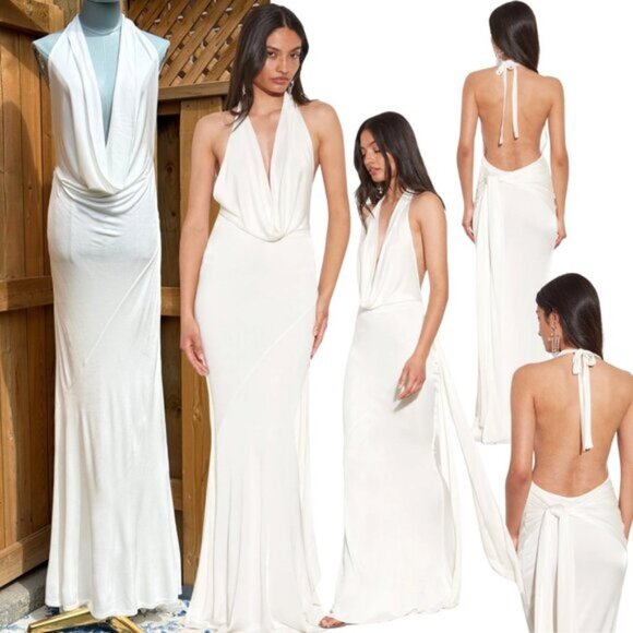 🆕 RAT & BOA 🧿 NWOT Winona White Slinky Cowl Neck Jersey Gown, Sz L - Picture 1 of 16